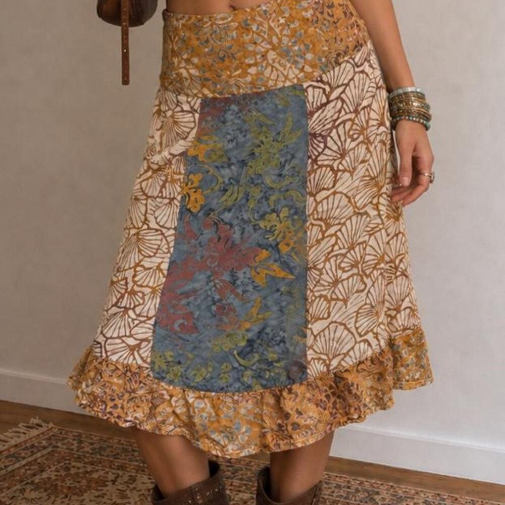 Y2K Santiki Patchwork Batik Midi Skirt Boho Fairy Festival Ruffle Made Indonesia